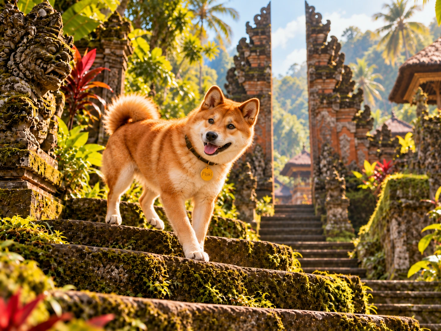 Floki walking down mossy temple steps in Bali