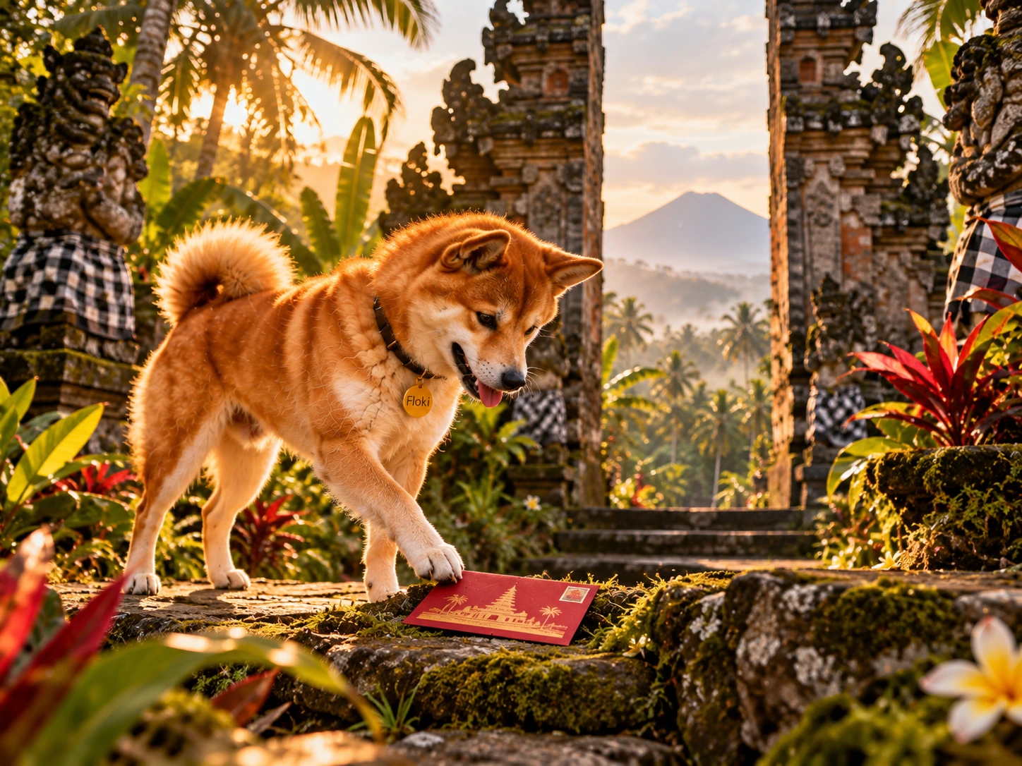 Floki discovering the recurring red postcard beside a Balinese temple gate