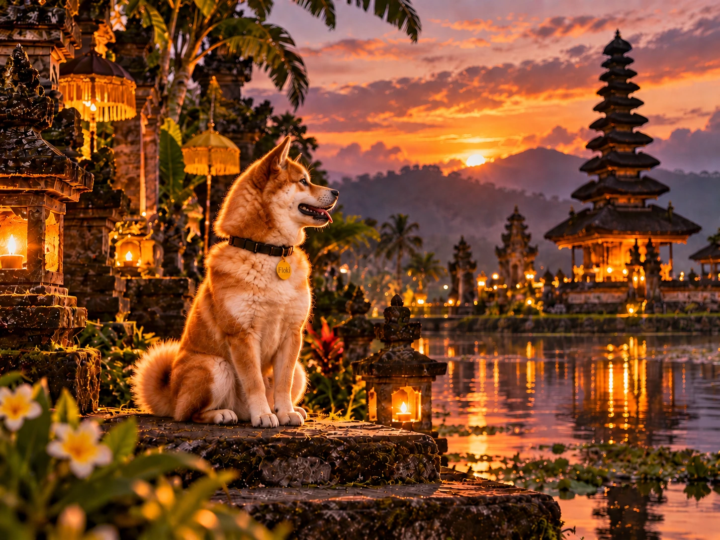 Floki beside a Balinese temple lake at sunset