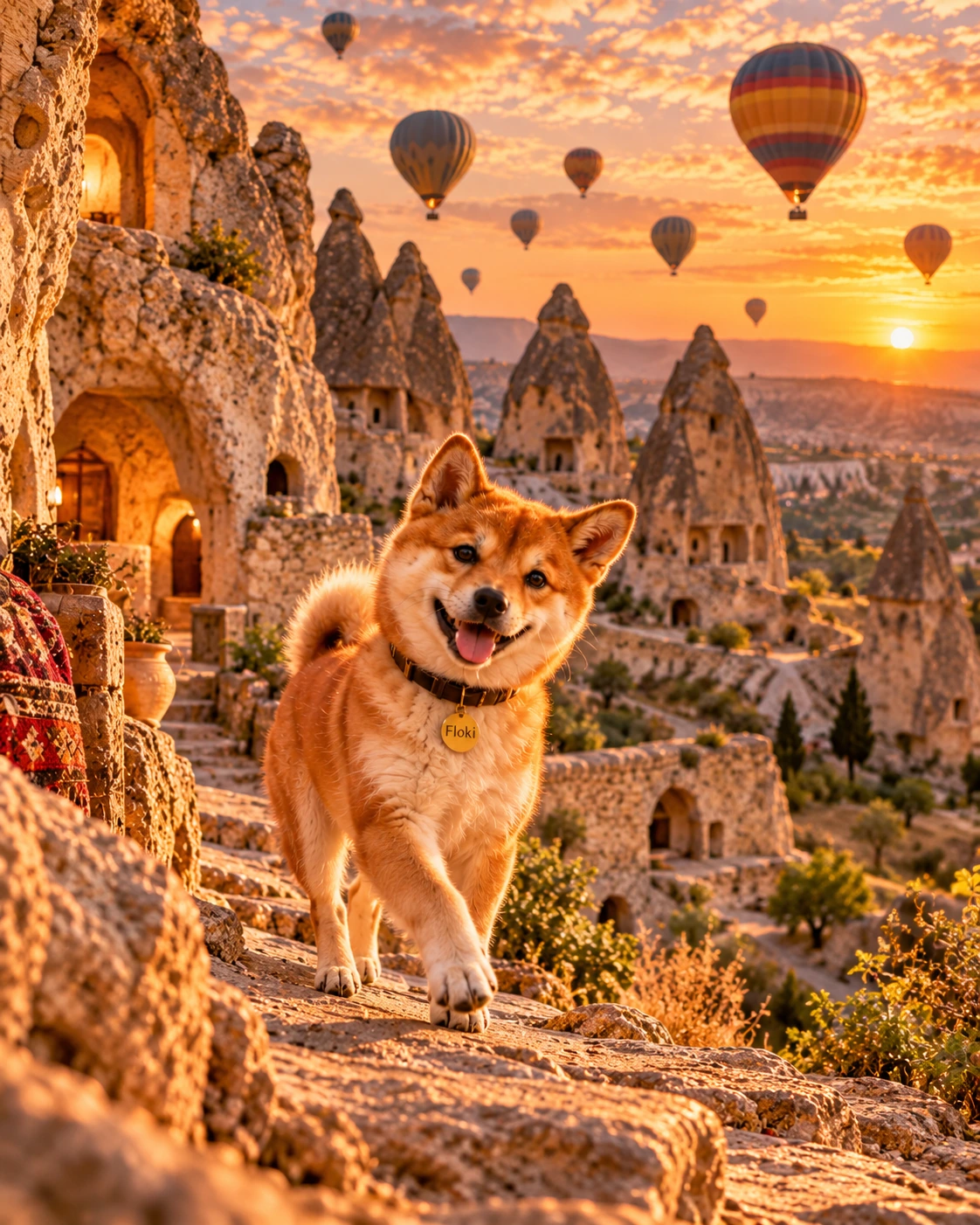 Floki exploring Cappadocia's ancient rock formations and cave paths