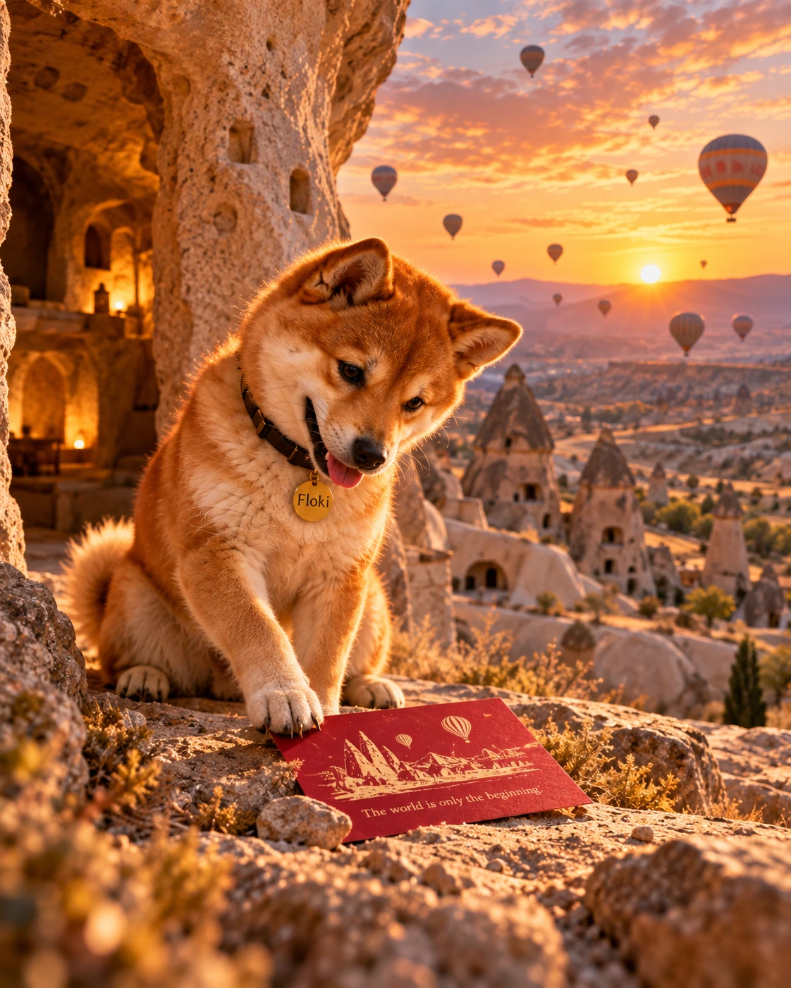 Floki discovering the recurring red postcard among the rocks in Cappadocia