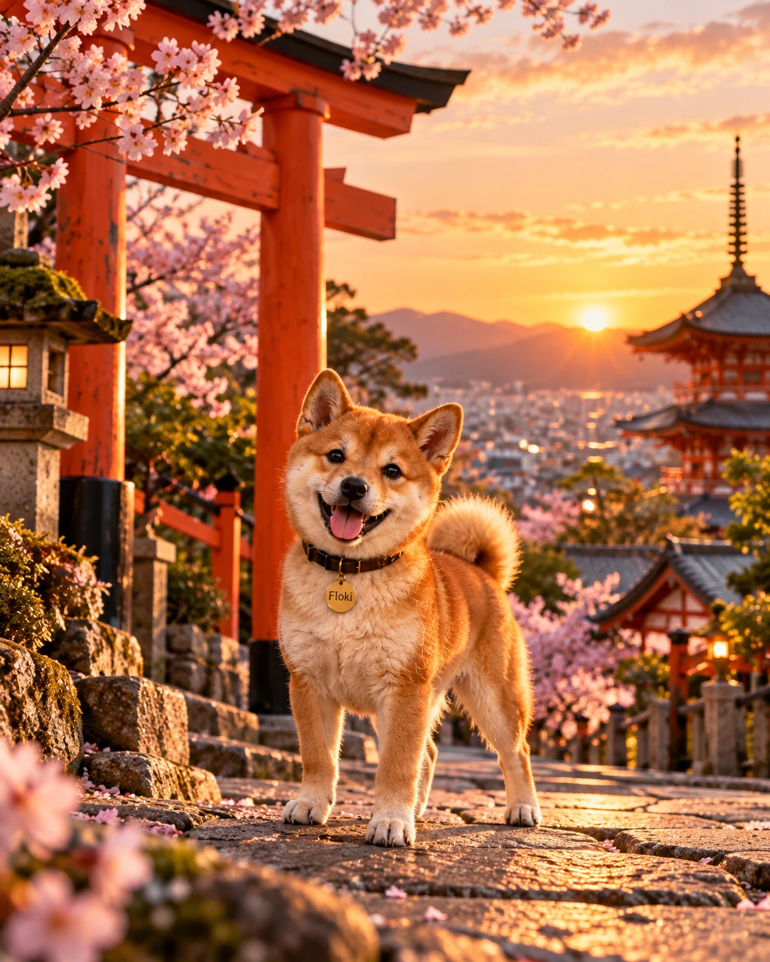 Floki in Kyoto beside a torii gate with cherry blossoms and a pagoda at golden hour