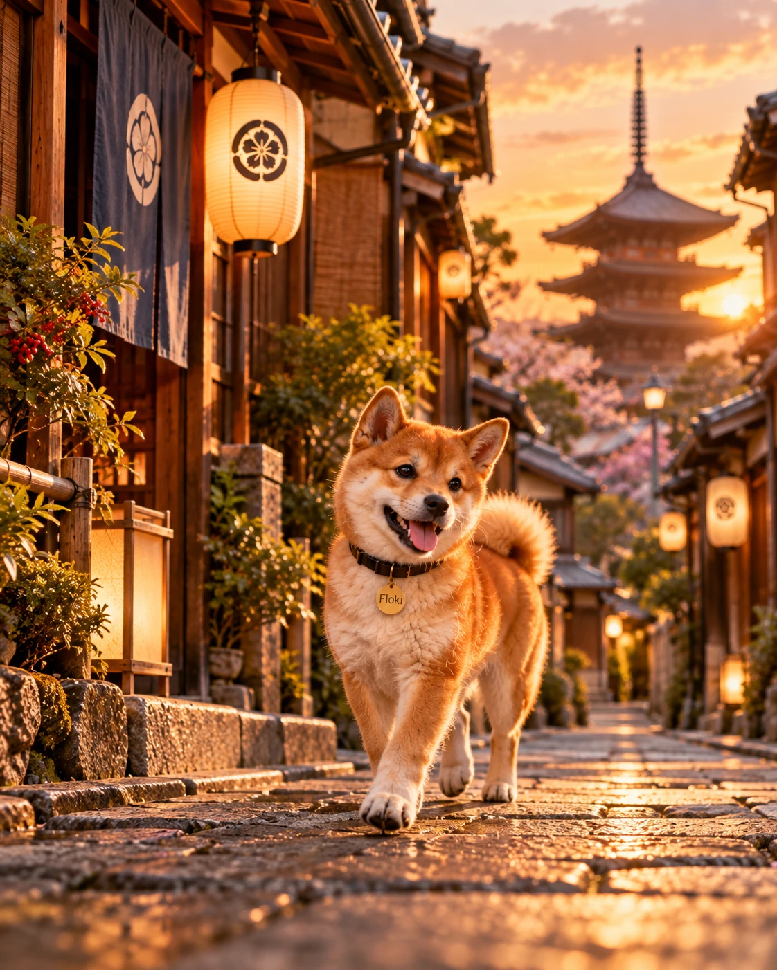 Floki walking through a traditional lantern-lit street in Kyoto