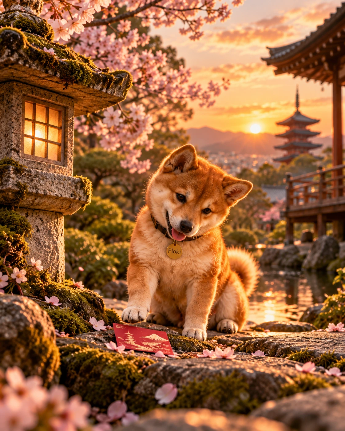 Floki discovering the mysterious red postcard beside a stone lantern in Kyoto