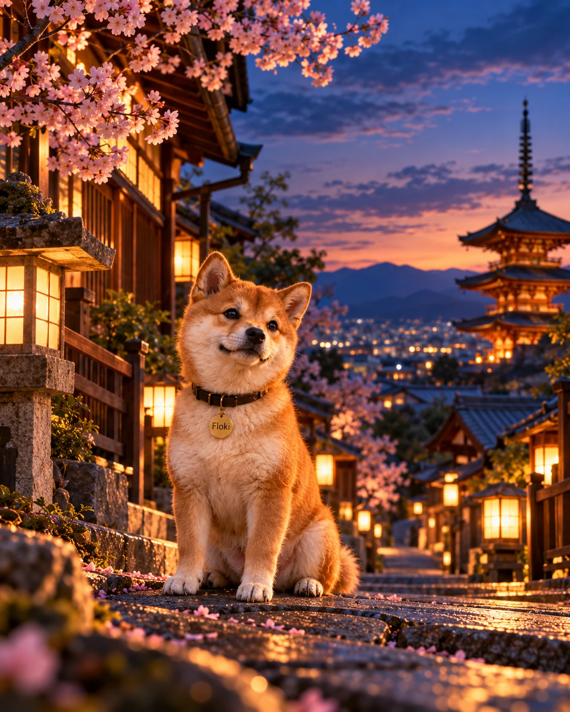 Floki sitting among warm lanterns in Kyoto at blue hour