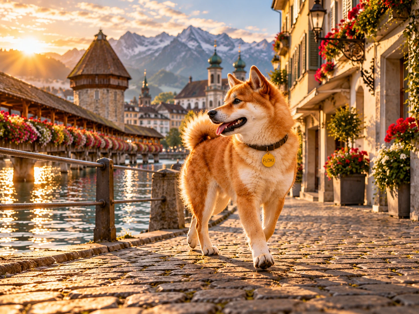Floki exploring Lucerne along the old town promenade by the water