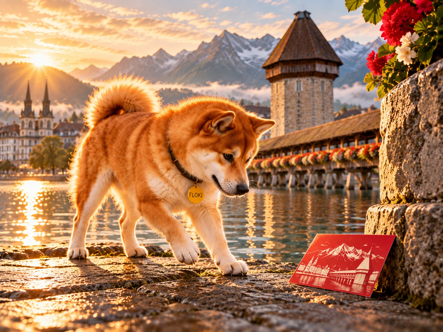 Floki discovering the recurring red postcard beside the bridge in Lucerne