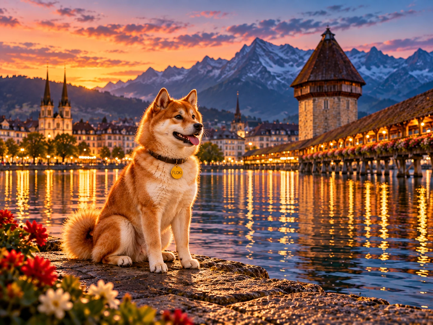 Floki sitting by Lake Lucerne in warm evening light