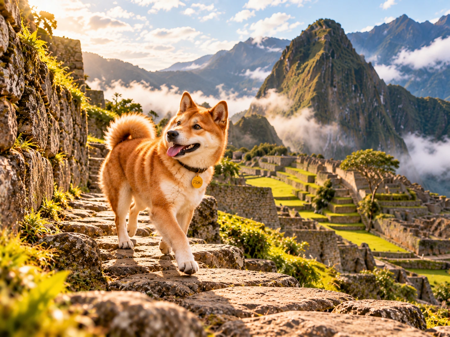 Floki walking through the ancient paths and terraces of Machu Picchu