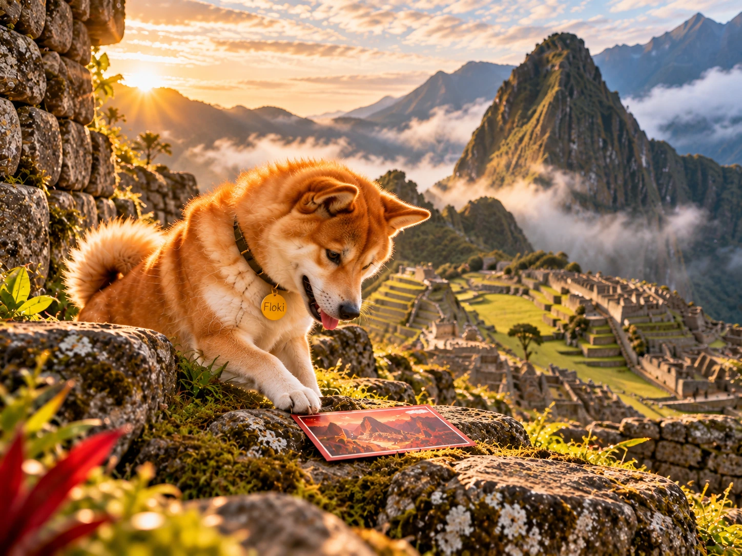 Floki discovering the recurring red postcard among stones above Machu Picchu