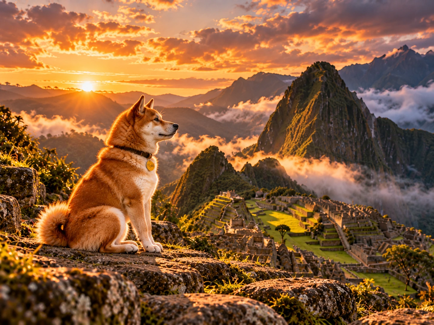 Floki sitting above Machu Picchu in dramatic evening light