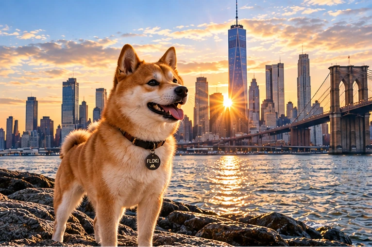 Floki arriving in New York City with the Manhattan skyline at golden hour