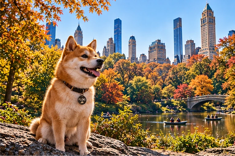 Floki exploring Central Park in autumn with the Manhattan skyline beyond the trees