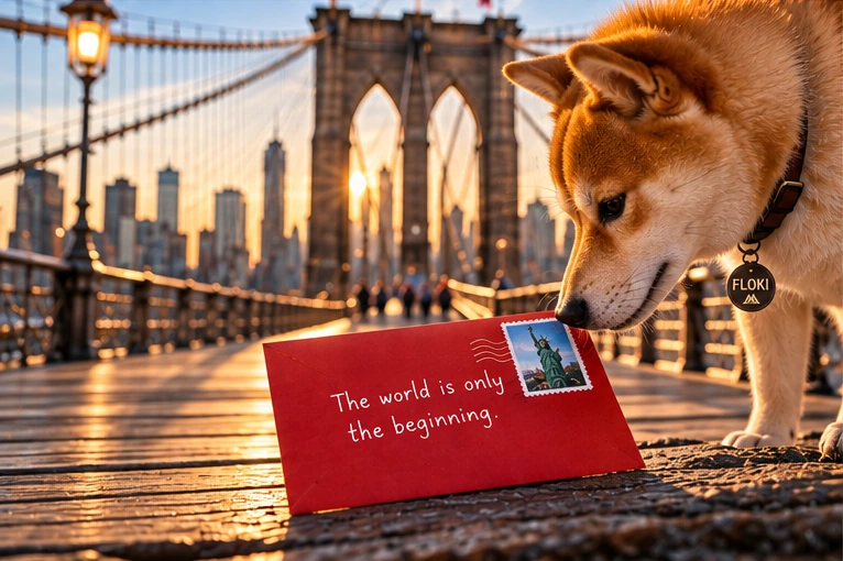 Floki discovering the mysterious red postcard near Brooklyn Bridge