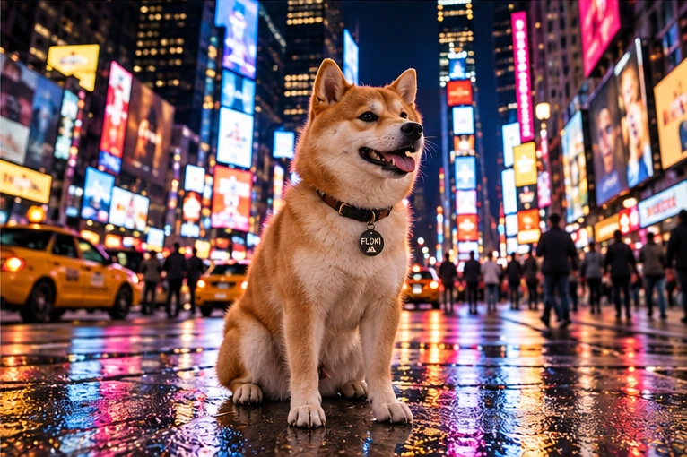 Floki sitting among the lights of Times Square at night