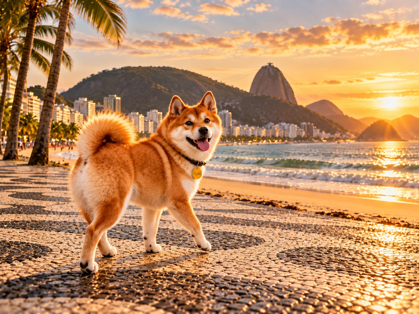 Floki exploring Copacabana's famous promenade at sunset