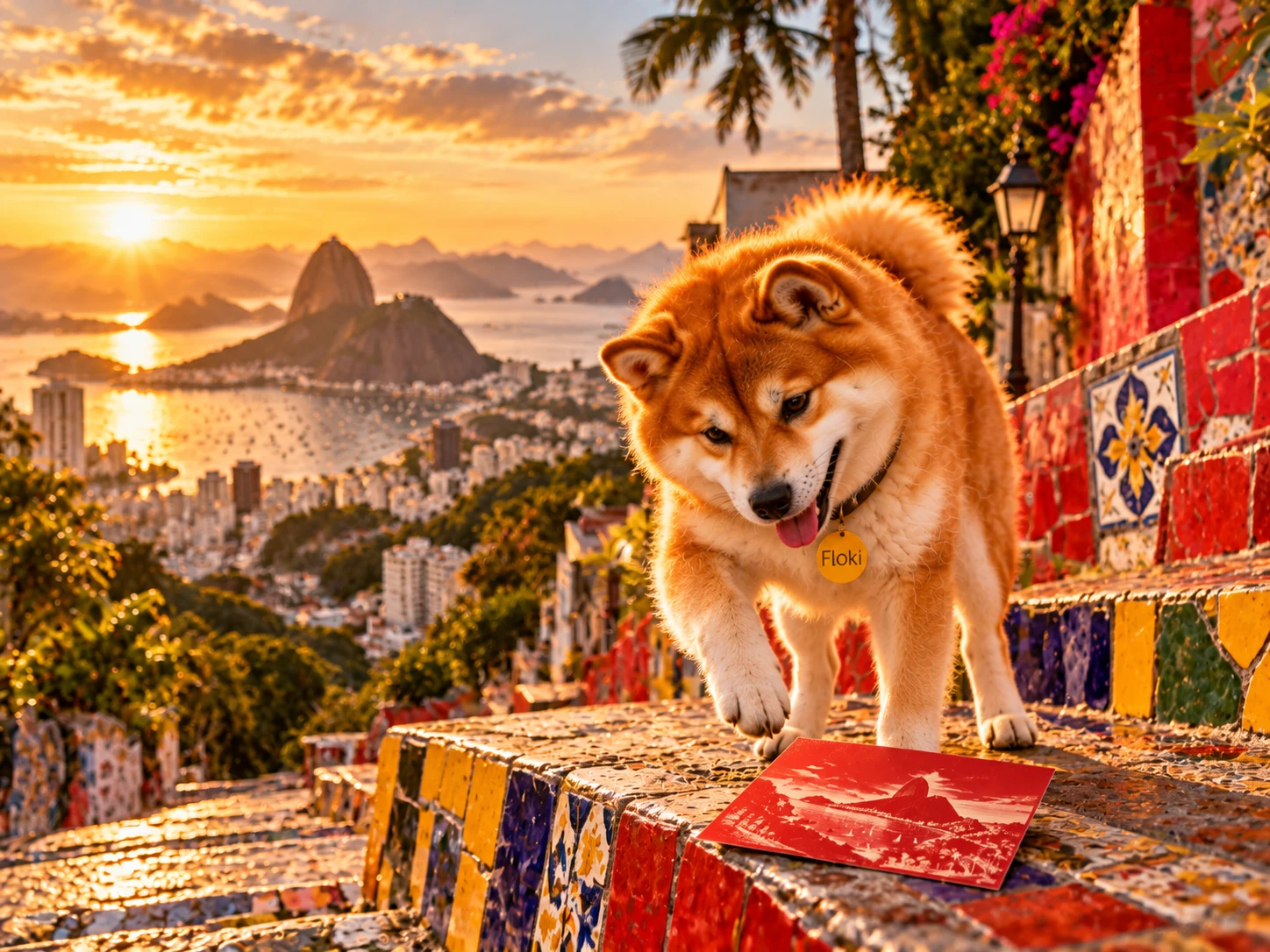 Floki discovering the recurring red postcard on the colorful Selarón Steps in Rio
