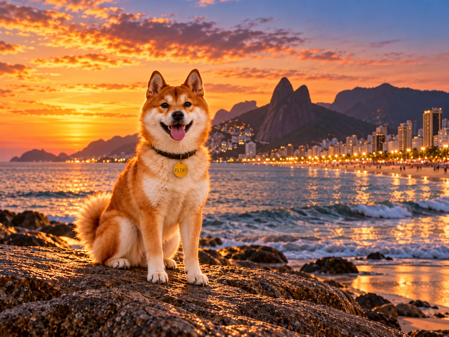 Floki sitting on the beach in Rio at sunset with the city lights beginning to glow
