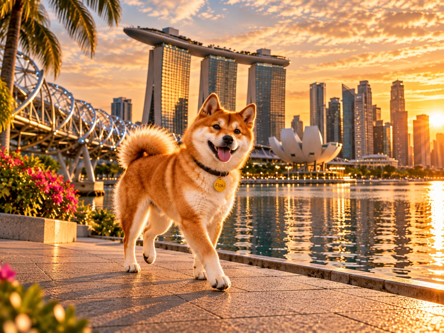 Floki exploring Singapore's Marina Bay promenade at sunset
