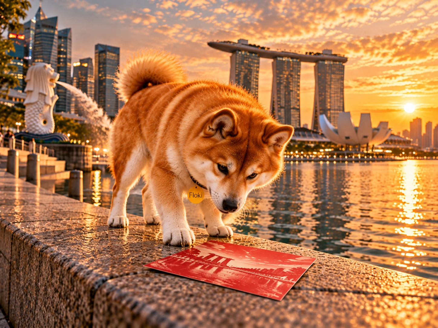 Floki discovering the recurring red postcard beside Marina Bay in Singapore
