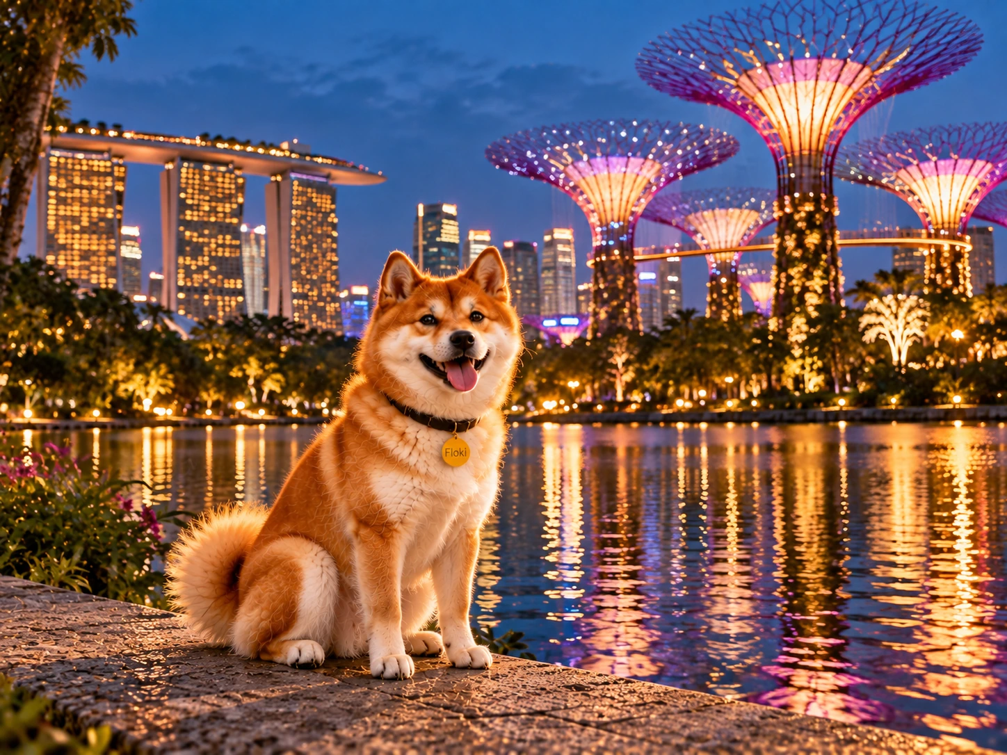 Floki at Gardens by the Bay under Singapore's illuminated Supertrees at night