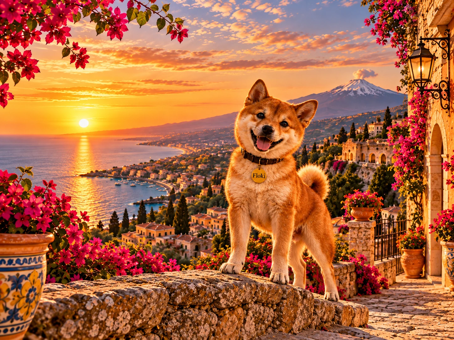 Floki arriving in Taormina beside a travel suitcase
