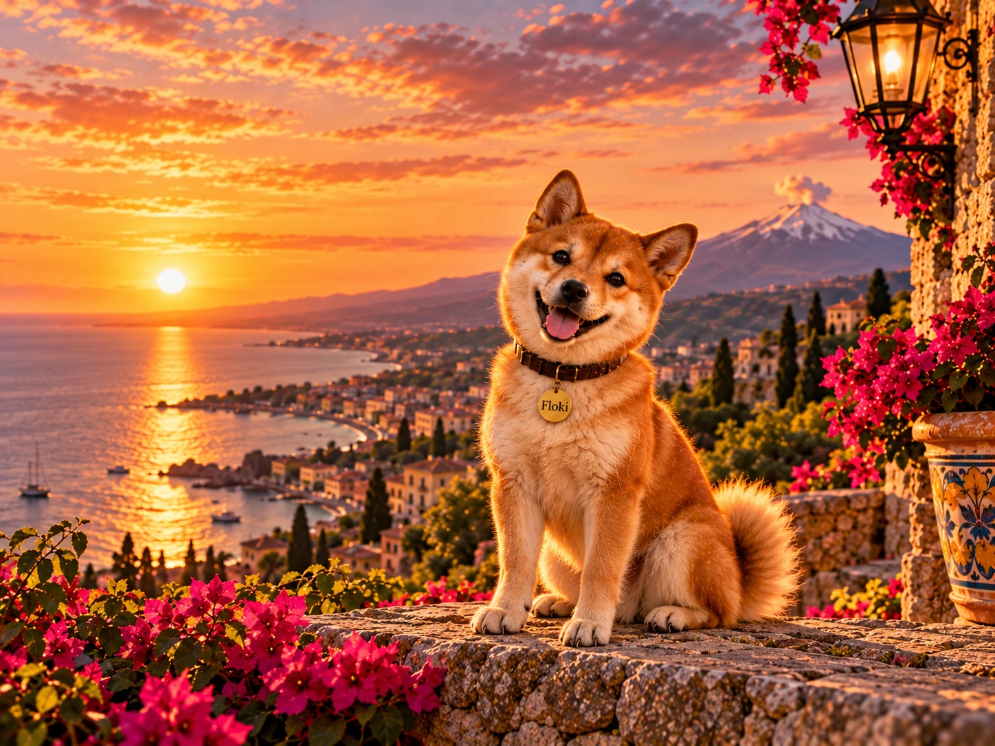 Floki walking through a sunlit Taormina terrace