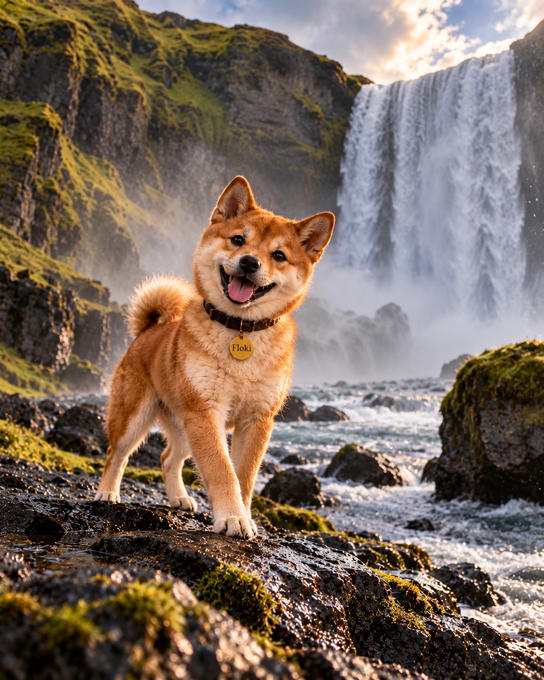 Floki exploring beside a powerful Icelandic waterfall