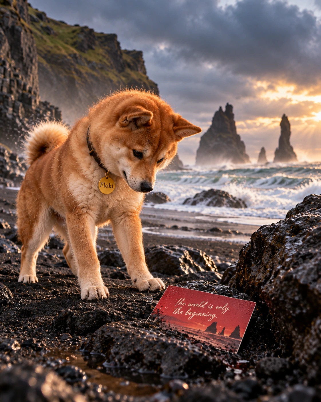 Floki discovering the recurring red postcard among dark volcanic rocks in Iceland