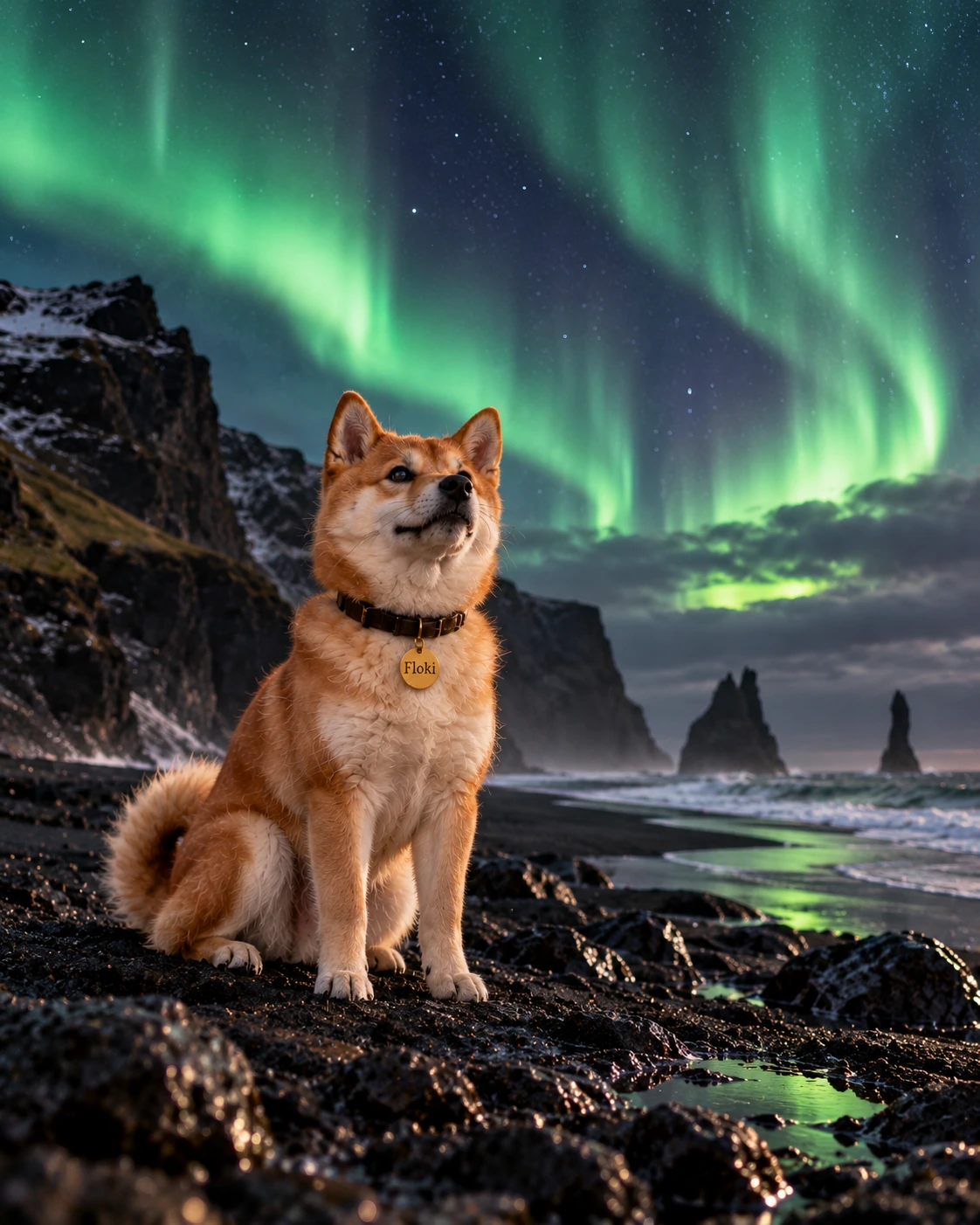Floki beneath the northern lights on Iceland's south coast